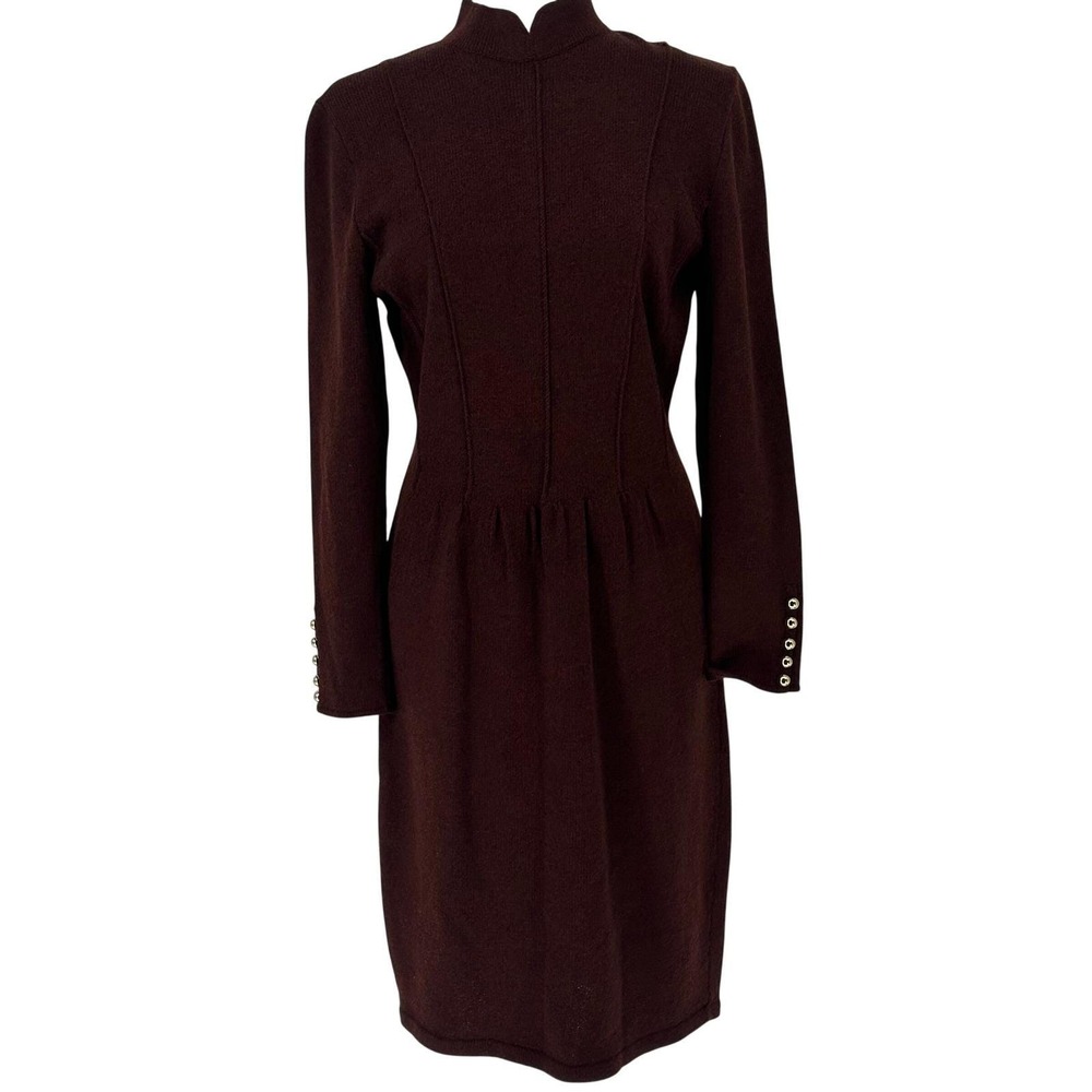 Vtg Don Sayers Saks Fifth Ave Knit Dress Brown Mock Neck Button Sleeve 8 read